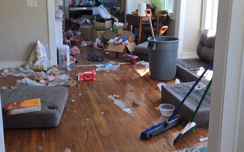 What a tenant left behind: trash, a rug and broken furniture