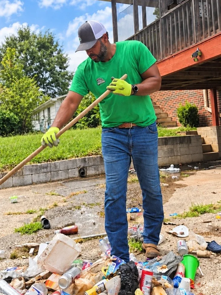 A crew member in work gloves raking scattered litter into a pile on the concrete in front of a vacant property