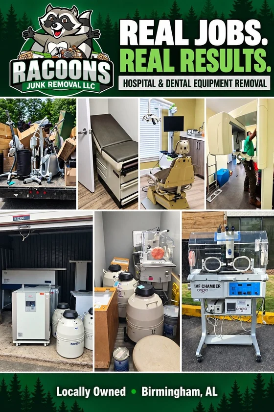 Racoons Junk Removal graphic headed Real jobs, real results, hospital and dental equipment removal, showing an exam table, a dental chair, an X-ray unit, lab freezers, cryogenic tanks and an IVF chamber