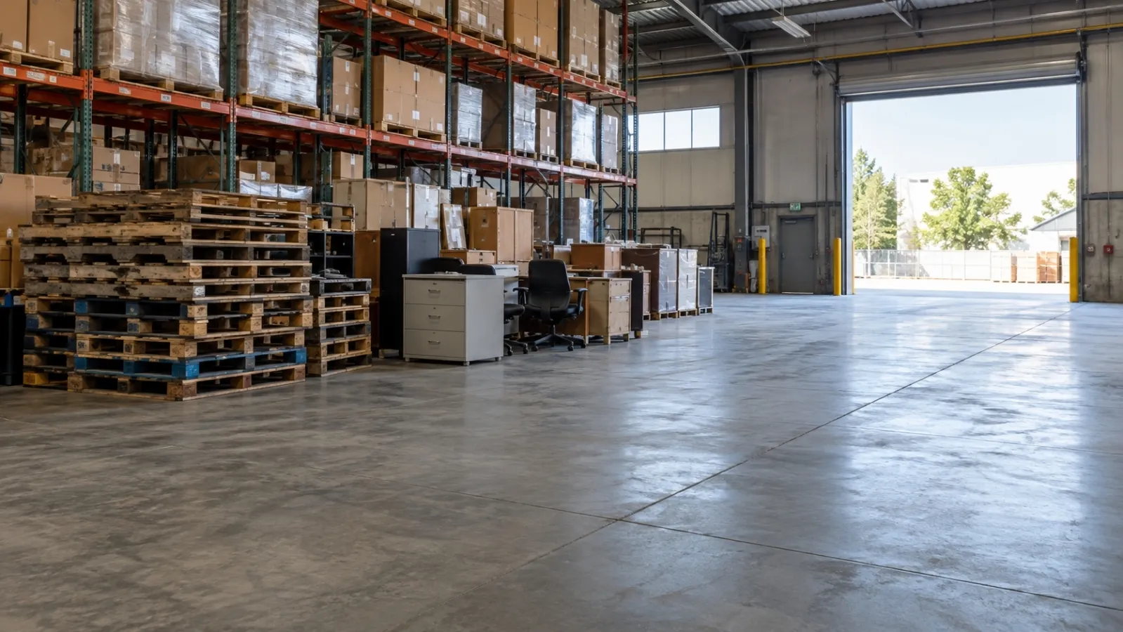 A warehouse floor with pallet racking, stacked pallets and surplus office furniture by an open loading dock