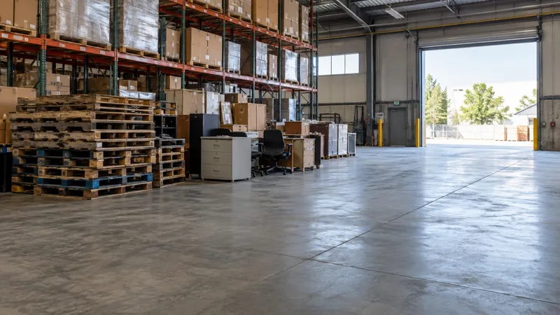 A warehouse floor with pallet racking, stacked pallets and surplus office furniture by an open loading dock